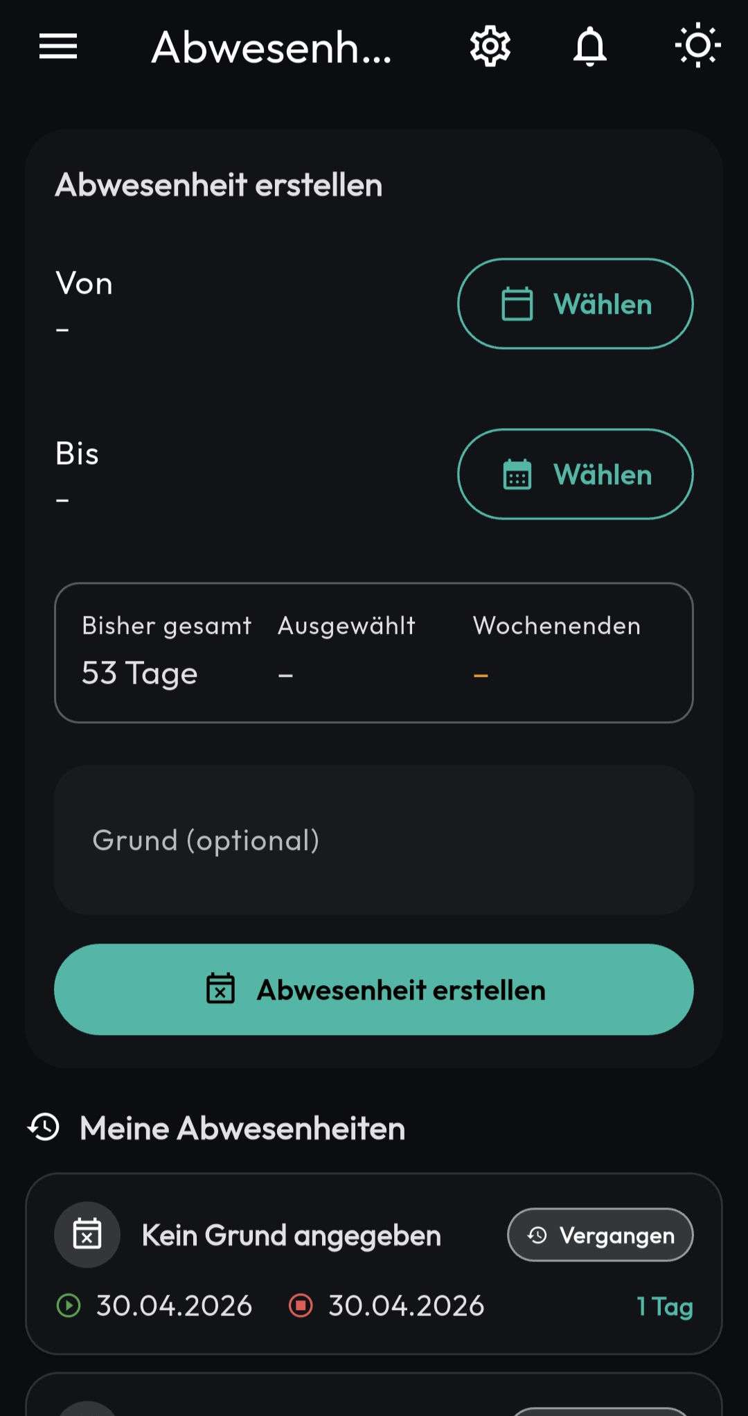 Abwesenheit erstellen Ansicht